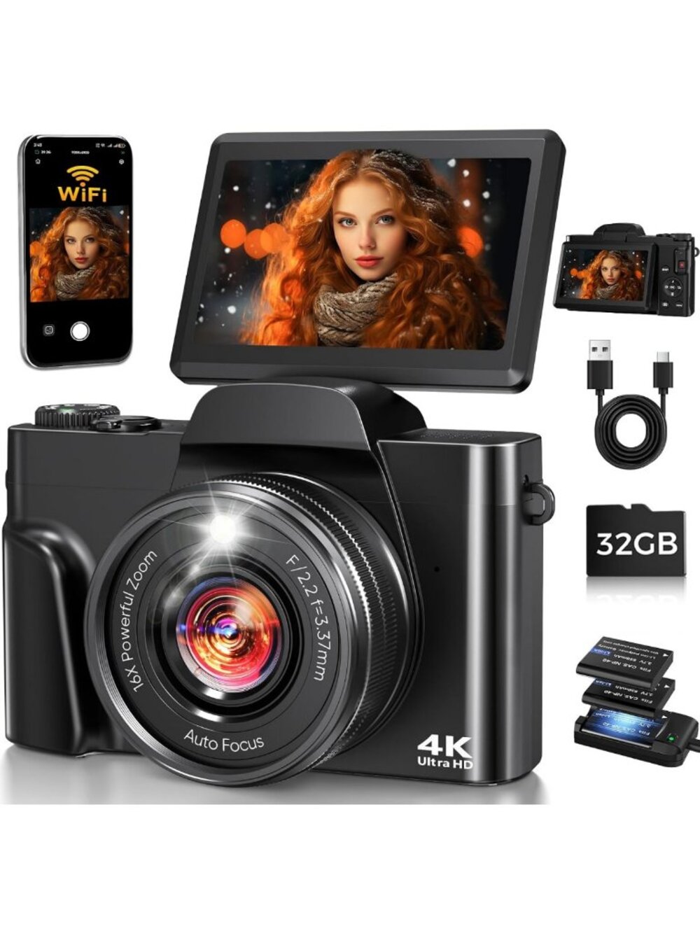 64MP 4K Digital Camera with WiFi, 180° Flip Screen & 16X Zoom - Perfect for